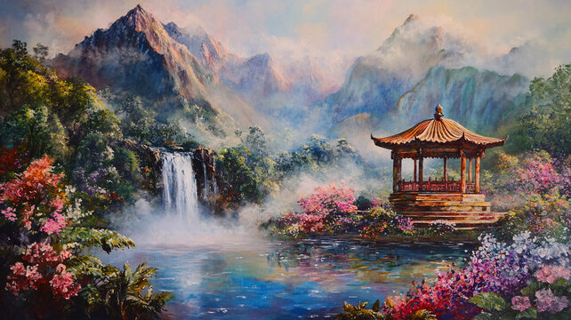 山水風(fēng)景油畫瀑布