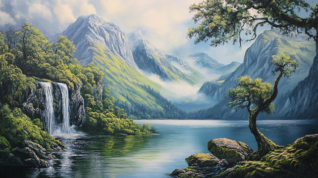 山水風(fēng)景油畫(huà)瀑布