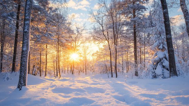 冬天森林夕陽雪景