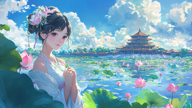 仲夏風荷塘侍女