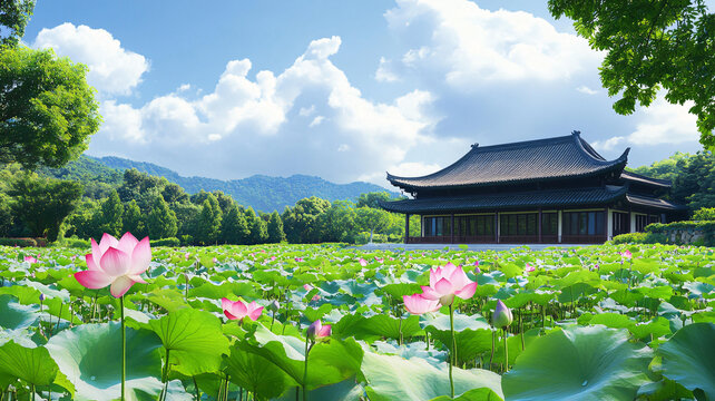 荷花池與中式建筑