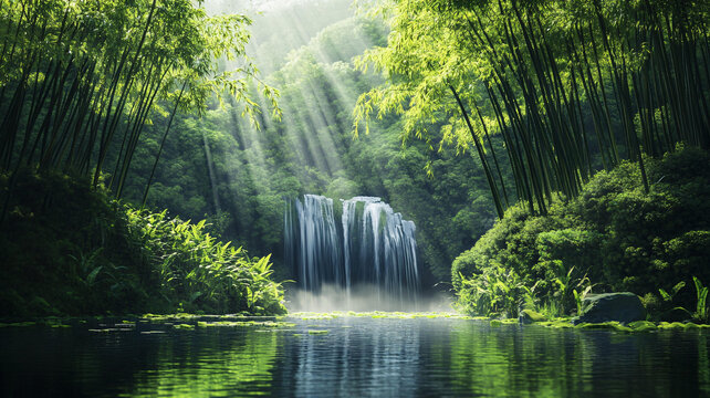 春天竹林瀑布晨曦唯美