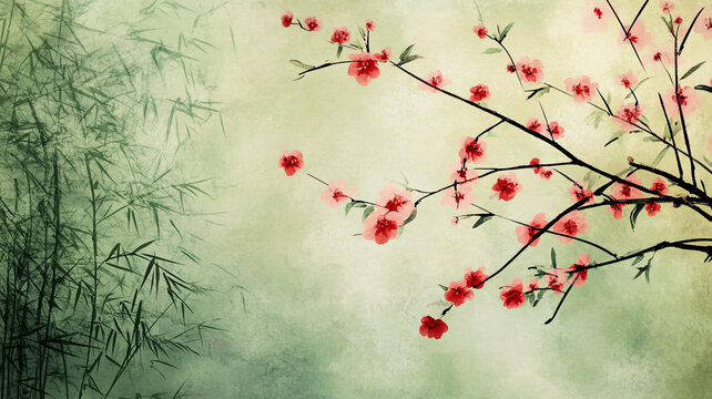 竹林梅花古典壁畫