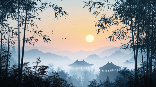 水墨山水竹林