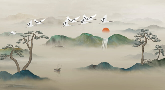 旭日東升流水生財(cái)松鶴延年山水畫