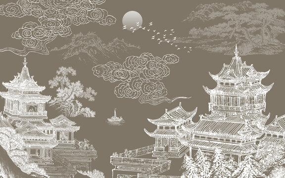 刺繡樓閣山水背景墻