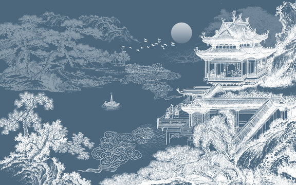 新中式刺繡樓閣山水背景墻