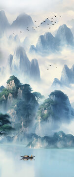 新中式意境抽象山水畫屏風(fēng)玄關(guān)隔斷背景
