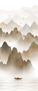 新中式墨韻禪意山峰云霧屏風(fēng)玄關(guān)隔斷背景