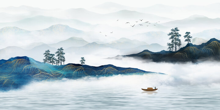 湖光秀景韻禪意山峰云霧背景墻裝飾畫(huà)