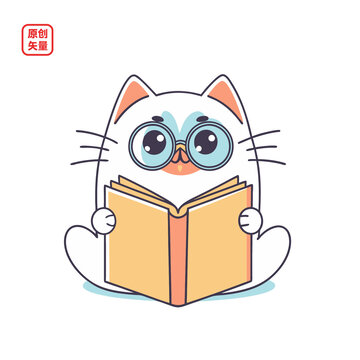 矢量插圖動物簡約看書小貓