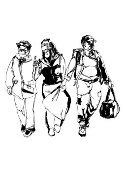人物手繪旅客到達(dá)三人組鋼筆畫(huà)線稿矢量圖