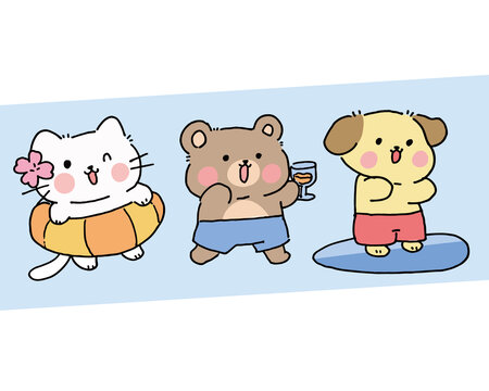 卡通夏季海邊三個小動物
