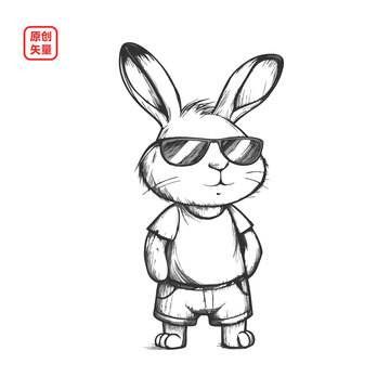 矢量插圖動(dòng)物素描線條戴墨鏡兔子