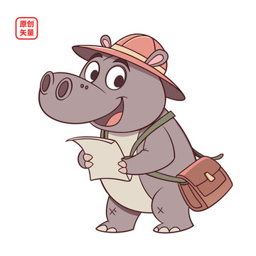矢量插圖動(dòng)物外出旅游河馬