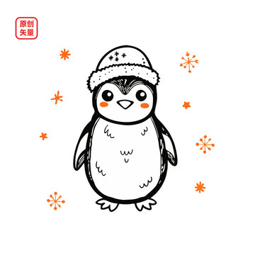 矢量插圖動(dòng)物線條戴帽子企鵝