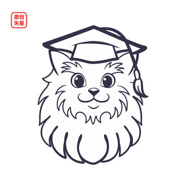 矢量插圖動物線條戴學士帽小貓