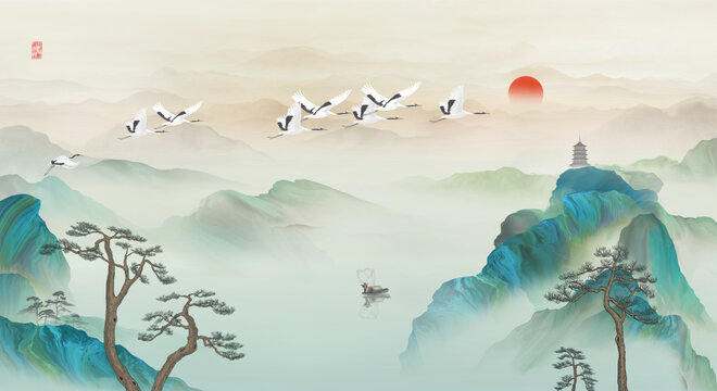 中式青綠山水畫