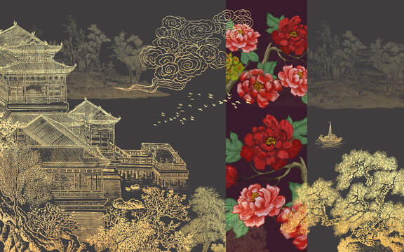 中式金色刺繡樓閣山水壁畫