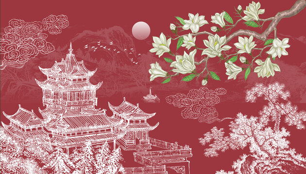 中式山水玉蘭花閣樓背景墻