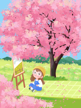 櫻花樹(shù)下畫(huà)畫(huà)的小女孩