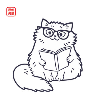 矢量插圖動(dòng)物簡(jiǎn)約線條看書小貓