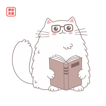矢量插圖動(dòng)物簡(jiǎn)約線條看書小貓