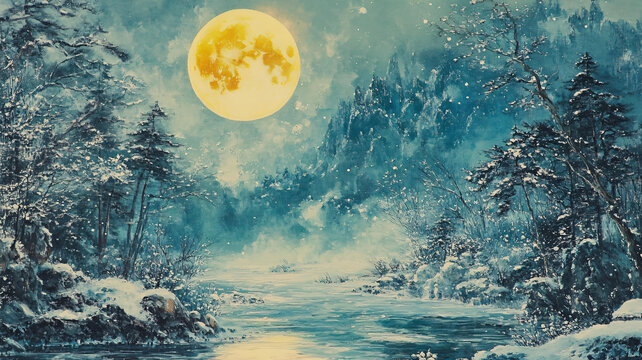 雪夜風(fēng)景無框畫