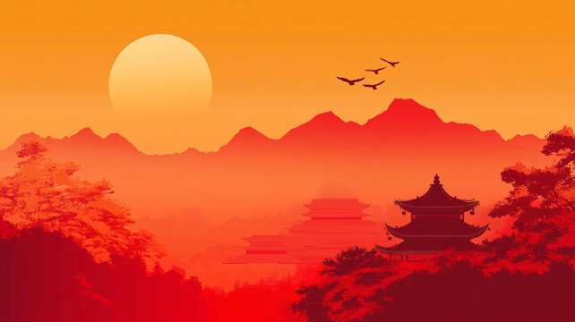 中式山水日出