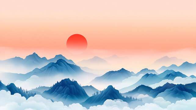 紅日水墨山水