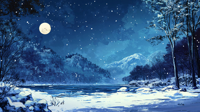 雪夜風(fēng)景無框畫