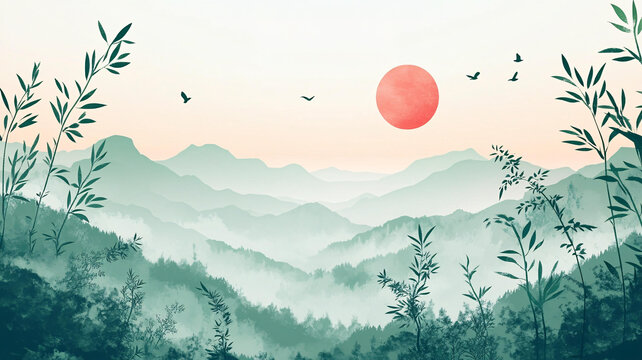 中式山水日出