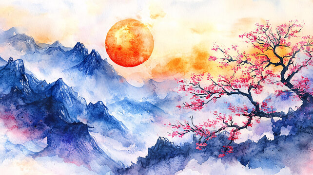 紅日水墨山水