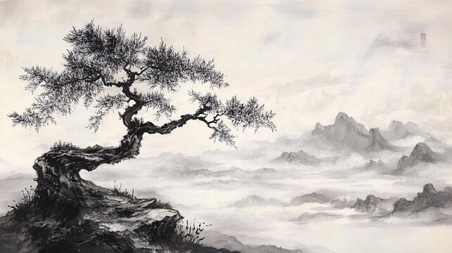 工筆畫古柏