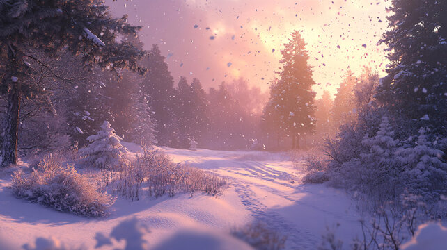 冬天森林夕陽雪景