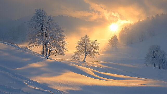 冬天森林夕陽雪景