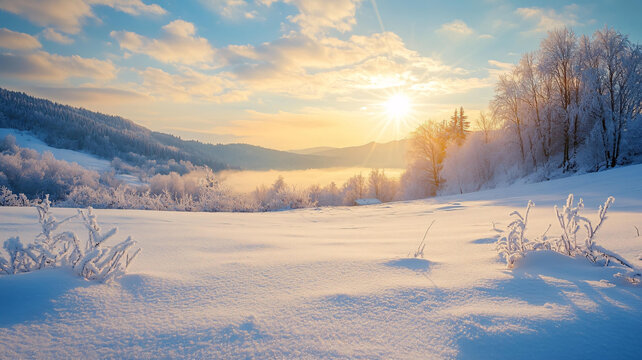 冬季雪景日出陽光
