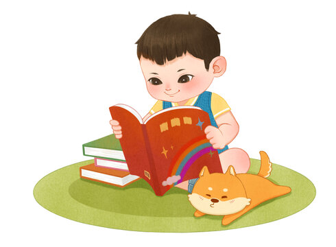 小男孩在地毯上讀書小狗在一旁讀書