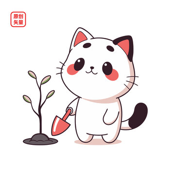 矢量插圖動物卡通植樹小貓