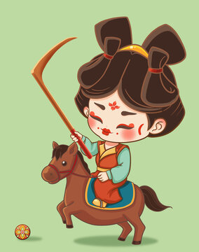 唐朝仕女騎馬打馬球可愛插畫