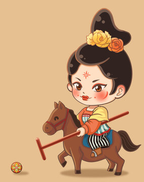 唐朝仕女騎馬打馬球可愛Q版