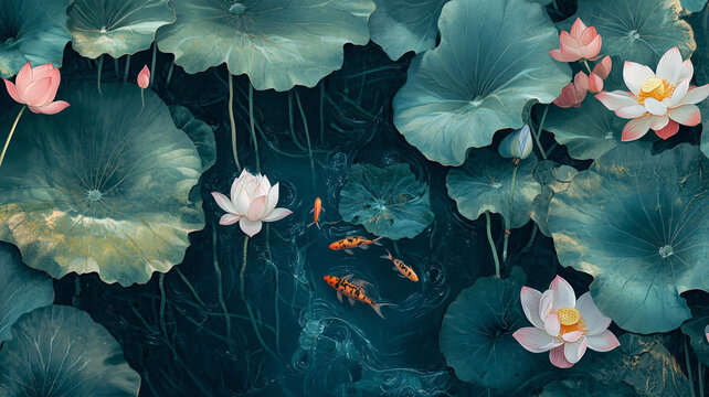深藍(lán)背景荷花圖