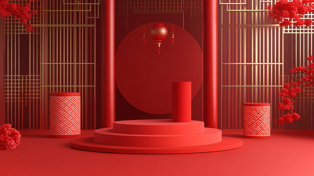 紅色立體場景舞臺展臺