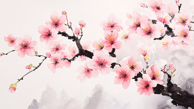 桃花水墨山水畫
