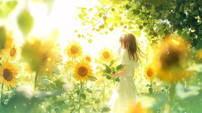 向日葵花叢中的少女