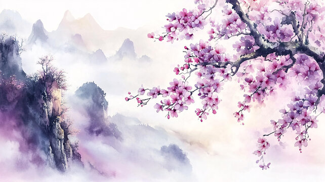 桃花水墨山水畫