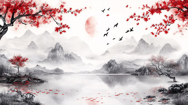 紅葉古風(fēng)山水畫