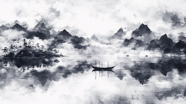煙墨意境山水水彩畫