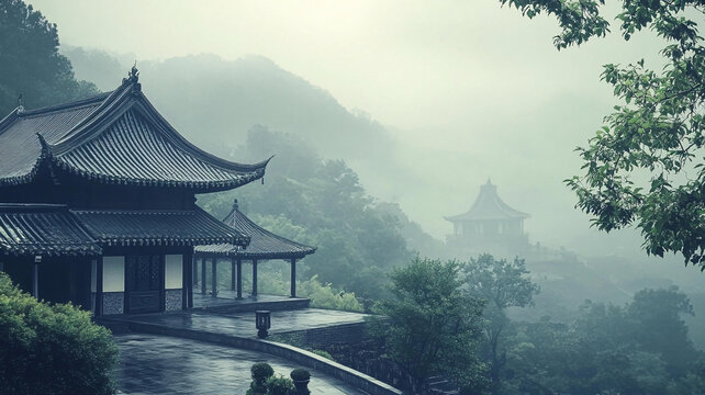 晨霧中的亭臺(tái)樓閣