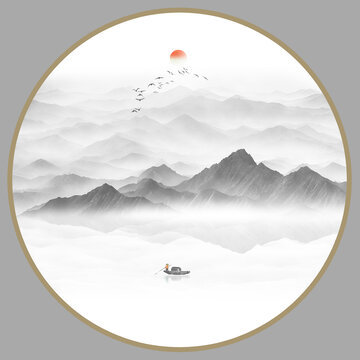 圓形水墨山水畫